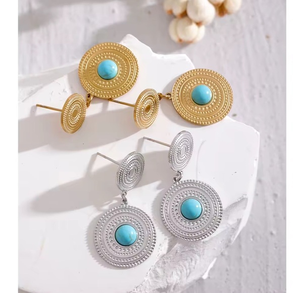 Turquoise Sunburst Drop Earrings – Stainless Steel, PVD Real Gold Plated - Picture 5 of 6